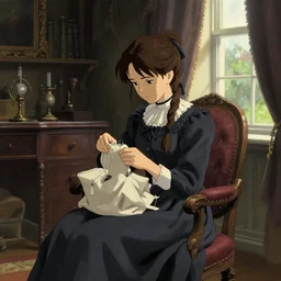 victorian britain 1 8 3 5, adolecent florence nightingale sitting and sewing in the parlour of a english victorian manor light from a window on the right, finely detailed perfect art, gapmoe yandere grimdark, trending on pixiv fanbox, painted by greg rutkowski makoto shinkai takashi takeuchi studio ghibli