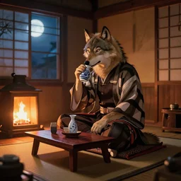 Wolf from Sekiro drinking sake, sitting under a kotatsu in an edo period hut, irori fireplace, godrays, warm lighting, moonlight through the window, 4k, DSLR photo