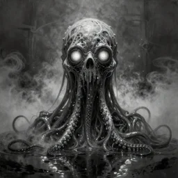 ultra realist wide shot soft painting of a single entity made of slimy tentacles and bioluminescent eyes, so scary one glance is enough to drive a man insane, very intricate details, ultra dense fog, golden ratio, volumetric black and white lighting, reflections, refractions, symmetry accurate anatomy features, unreal render