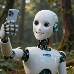 A robot taking a selfie in the forest and grinning from ear to ear