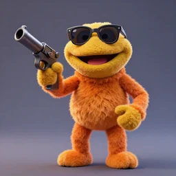bip bippadotta from the muppets as a fortnite character, wearing sunglasses, fuzzy orange puppet, in fortnite, holding a gun, 3 d unreal engine render