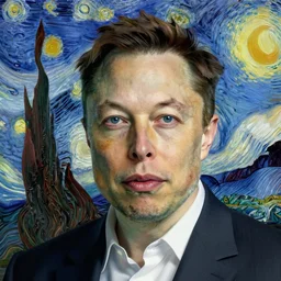 portrait of elon musk, caricature,, mashup between mc escher and vincent van gogh