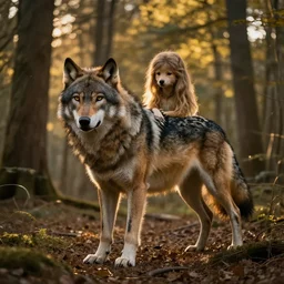 werecreature consisting of a wolf and a human, golden hour, photograph captured in a forest