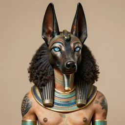 portrait photography of anubis jackal with human face, goddess oni african face, detailed face, clear eyes, clear mouth, demihuman, egyptian tatoos, egyptian body painting, ra anubis, looking towards the camera. afro style. high details, humanoid demigod.