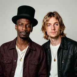 dslr photo portrait still of basquiat with kurt cobain, 8 5 mm, f 1. 8 sears style portrait, color, photorealistic, 8 k