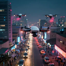 3 d vfx art of flying drones above - a neon lit - bustling lagos urban street - in nigeria, cinestill 8 0 0 t photograph, illustration in the style by philippe bouchet, unreal engine render, digital illustration, sharp, intricate detail, volumetric light, ray tracing, soft light,