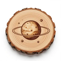 wood engraving of a solar system burned into a slice of log, on a white background