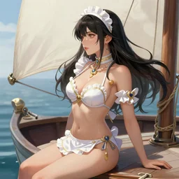 A beautiful female maid wearing a magical bikini posing on a boat, detailed face, fantasy art, in the style of greg rutkowski, illustration, epic, fantasy, intricate, hyper detailed, artstation, concept art, smooth, sharp focus, ray tracing, profile shot