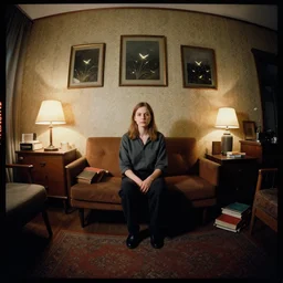 kodak portra 4 0 0, wetplate, 8 mm extreme fisheye, award - winning portrait by britt marling in a 1 9 9 0 s room, fireflies, picture frames, shining lamps, dust, 1 9 9 0 s furniture, wallpaper, carpet, books, muted colours, wood,