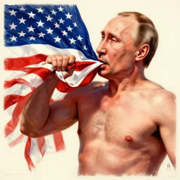 shirtless putin biting american flag, soviet propaganda poster art