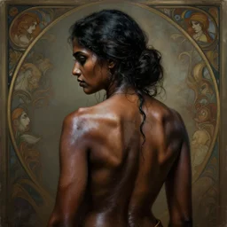 portrait painting of dark muscular oiled indian woman back, ultra realistic, concept art, intricate details, eerie, highly detailed, photorealistic, octane render, 8 k, unreal engine. art by artgerm and greg rutkowski and alphonse mucha