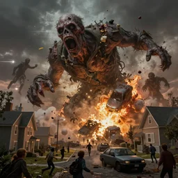 giant zombies!! falling into and exploding suburban buildings and cars, people running and screaming in terror, dim volumetric lighting, 8 k octane beautifully detailed render, extremely detailed, epic composition, giant food natural disaster, cinematic lighting, masterpiece, trending on artstation, detailed detailed detailed, masterpiece, stunning art by anders zorn, wonderful masterpiece by greg rutkowski, beautiful cinematic light, american romanticism by greg manchess, jessica rossier