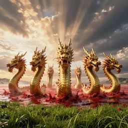 seven dragon heads rising from the bloody sea, landscape, cinematic view, epic sky, detailed, concept art, low angle, high detail, warm lighting, volumetric, godrays, vivid, beautiful, trending on artstation, by jordan grimmer, huge scene, grass, art greg rutkowski