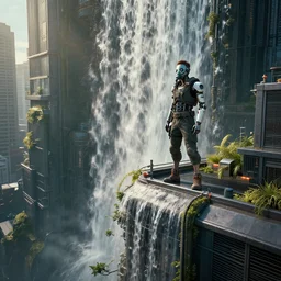 cyberpunk style city, the waterfall cascaded down from the highest building, sunlight, a young man with an oxygen mask was standing on the roof of the building, 8 k, highly detailed, ultra detailed, by friendly robot