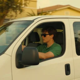 a young guy wearing green shirt and sunglasses is driving a white van down a yellow neighborhood, cinematic lighting, establishing shot, art by jordan grimmer