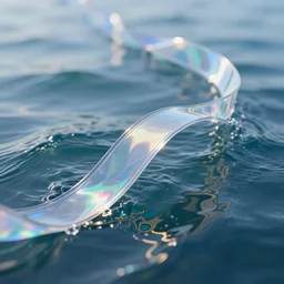 shallow depth of field, photorealism, trending artstation, epic, cinematic lighting, illustration, vibrant colors, transparent glossy glass ribbon on water. holographic curved wave in motion, highly detailed, octane render, concept art, digital painting
