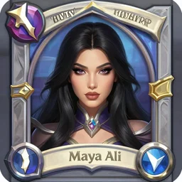 masterpiece head-on symmetrical centered painted portrait, Maya Ali as a mage, black hair, glorious, RPG character, Blizzard Hearthstone card frame, pixar, maya engine on stylized background, splash comics, global illumination lighting, trending on artstation, by lois van baarle, ilya kuvshinov, rossdraws
