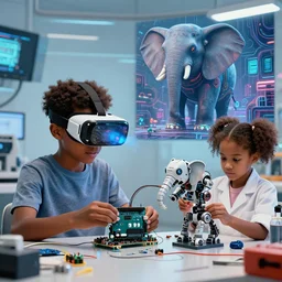 a comic book page of a black boy kid using a diy vr glasses arduino, a black girl kid scientist is constructing a elephant robot, futuristic, cyberpunk, xenomorphic, arduino, biomechanical, photorealistic, ultra detailed, 4 k, chromatic aberration, dof