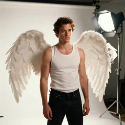 photo still of ed westwick as an angel, 8 k, studio lighting bright ambient lighting key light, 8 5 mm f 1. 8