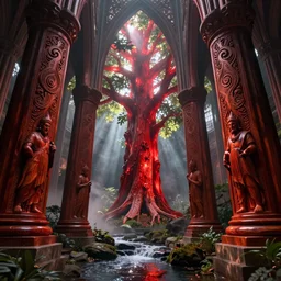 In some of the column carved with Norse gods there is a huge glowing redwood, light filtering through the gaps in the leaves, Sparkling in the flowing creek, Tyndall effect, hone finished, concept art, fantasy, gothic cathedral, light through the mist, dramatic lighting, photorealistic, cinematic lighting, high detail, cinematic feel, high octane, 4K, Unreal Engine, digital render, intricate, ultra realistic, crepuscular ray, low angle, superwide shot, lunapunk