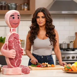 salma hayek modeling for a cooking show with food, in a kitchen, next to a person made of meat