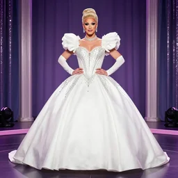 steve buscemi as a contestant on RuPaul’s Drag Race, in an elaborate ballroom gown, the gown has a spray of feathers coming out of the shoulders, portrait, stage lighting