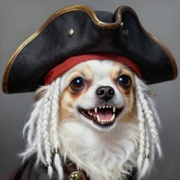 a detailed and accurate masterpiece painting of a pirate chihuahua with big crooked teeth and white dreadlocks, white hair dreads, sharp detail, by tyler edlin, noah bradley, john j. park, jordan grimmer trending on artstation