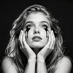 black and white lineart of a girl looking up with her hands on her face, black oil dripping on her face