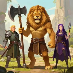 lion humanoid with giant axe and shorts, elf knight, young half elf wizard, tiefling female warlock, d & d party, happy