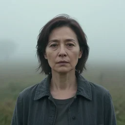 a cinematic headshot portrait of a middle aged woman stood in a fog filled field, ultra realistic, depth, beautiful lighting