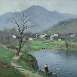 a gorgeous bleak spring landscape painting by barlowe wayne maxfield parrish and marco mazzoni. tree no leaf!! china mountain village. grey blue and very little light verdancy. just one lonely chinese wuxia with bamboo hat. the winding stone steps. ultra clear detailed. 3 d, octane render. turbulent blood lake.
