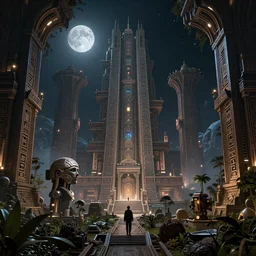 Cybernetic space forest scene in a giant Aztec space city, fantasy, two moons lighting, intricate details ,deep colours, by denis villeneuve, Ridley Scott, Greg Rutkowski and Alphonse Mucha