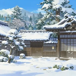 beautiful illustration of snowy Japanese courtyard by Makoto Shinkai