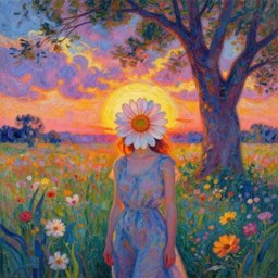 girl with big flower as a face, standing in a flower field, big trees, sunrise dramatic light, impressionist painting, colorful clouds, digital painting, pointillism, artstation, simon stalenhag