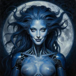 perfectly centered portrait front view of a beautiful biomechanical moon goddess, flowing hair, intense stare, sweet sarcastic smile, symmetrical, dark blue skin, concept art, intricate detail, volumetric shadows and lighting, realistic oil painting by peter mohrbacher, h. r. giger, zdzisław beksinski, gustave dore,