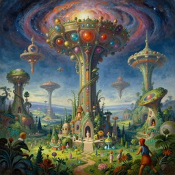 an epic elegant masterpiece mysterious sci - fi painting of a pillar to the skydream worlds with surreal biomechanical structures, inspired by heironymous bosch's garden of earthly delights, digital art, dynamic lighting, vibrant colours, surreal lush landscapes by asher durand and cyril rolando and natalie shau and thomas kinkade, insanely detailed and intricate, elegant, subterranean galaxy