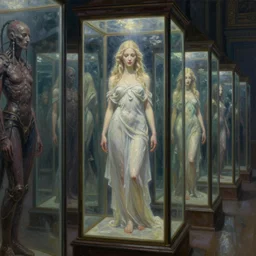 a row of glass cases with a goddess inside of it, oil on canvas concept art by beksinski, giger, millaise and greg rutkowski, deviantart, hall of mirrors, concept art, lovecraftian
