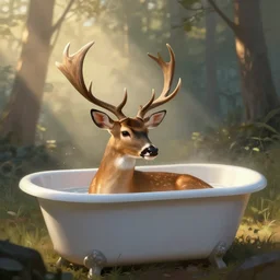 alert buck white tail deer with large antlers taking a bath in a tub with light shining through the trees in the early morning, global illumination, volumetric shadows, volumetric lighting digital painting, trending on artem, trending on deviantart,