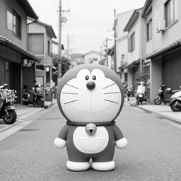 Doraemon on a street in a working-class district in Japan, b&w photo