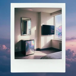 a pastel coloured polaroid photo of a hotel room, hotel mini fridge, mirror, tv, surface, window, view in a dream state alien world. iridescence.