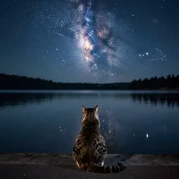 A cat sitting faced towards a lake at night, the milkyway reflects inside the water