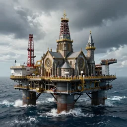 A cathedral on an oilrig in the midst of a hurricane, concept art 4k hd unreal engine,