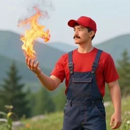 a man wearing a red shirt, red cap, throwing fire by the hand, overalls, outside mountain trees, moustache, photo, render