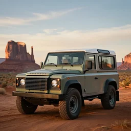 A vintage Land Rover Defender in a beautiful vista in Monument Valley, cinematic lighting and sky