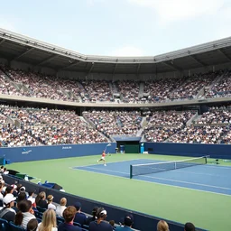 A large stadium filled with thousands of fans watching a woman playing tennis against a wall