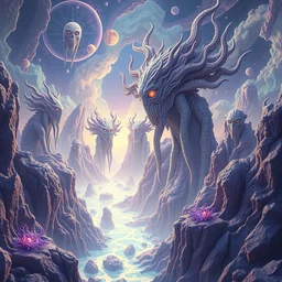 a psychedelic realm at the edge of existence where intensely creative astral beings exist, attempt to break into the human reality, in the style of wlop, illustration, epic, fantasy, hyper detailed, smooth, blender eevee, renderman, unreal engine, arnold render, v - ray, sharp focus, ray tracing