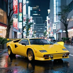 photo lamborghini countach parked in a rainy neo tokyo street at night with neon light signs illuminating the scene, sharp focus, highly detailed, ray tracing, cinematic, moody, hdr, 4 k