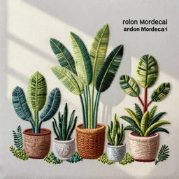exotic house plants. embroidery, painting by ardon mordecai