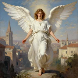 a photo - realistic, full body beautiful charlie bowater painting of an angel in a holy city