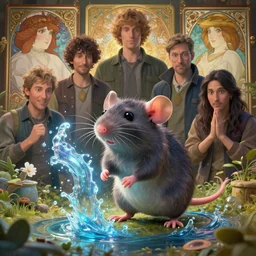 highly detailed vfx portrait of a cute little rat casting water magic, unreal engine, greg rutkowski, loish, rhads, beeple, makoto shinkai and lois van baarle, ilya kuvshinov, rossdraws, tom bagshaw, alphonse mucha, global illumination, detailed and intricate environment